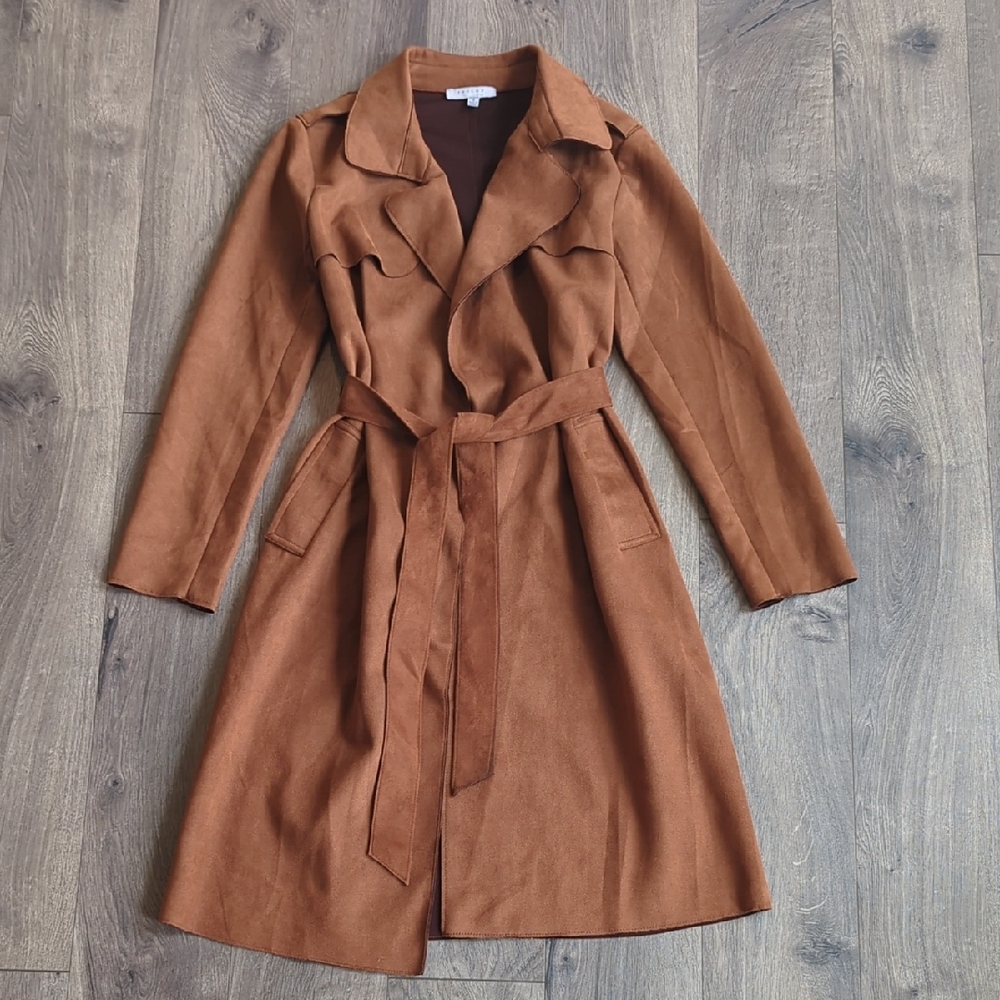 Women's Faux Suede Brown Belted Trench Coat